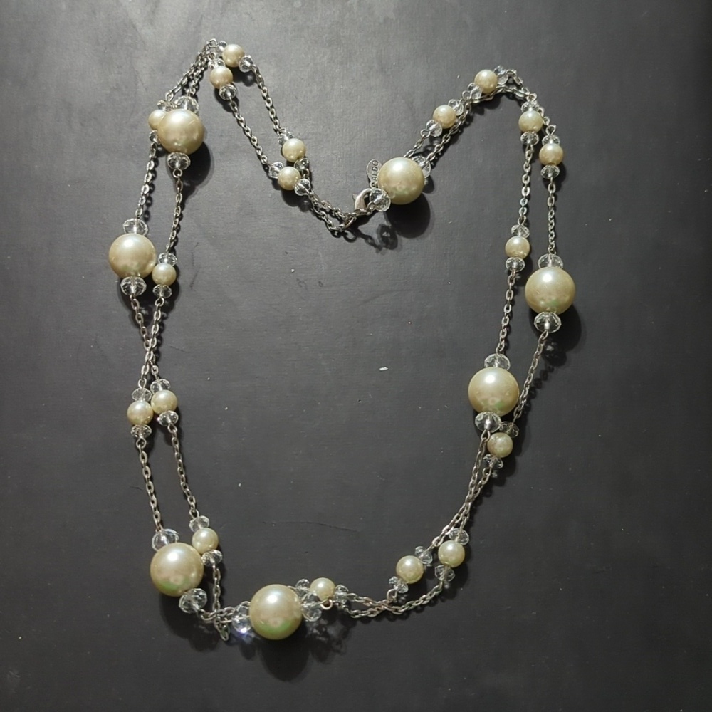 Aldo Silver Tone White Faux Pearl and Clear Crystal Long Statement Necklace